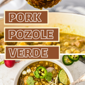 A wooden spoon with a serving of mexican hominy soup and a bowl of pork pozole with a spoon.