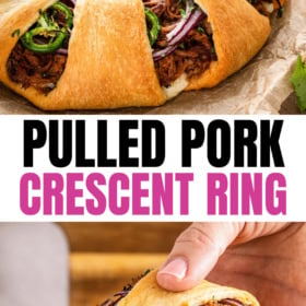 Pulled pork crescent ring with a hand picking up a piece.