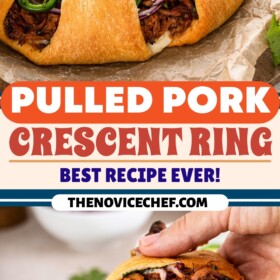 A hand picking up a serving of pulled pork ring.