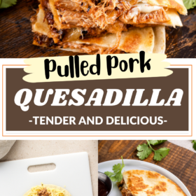 Pulled pork quesadilla being made and then cut into triangles and stacked on top of each other.