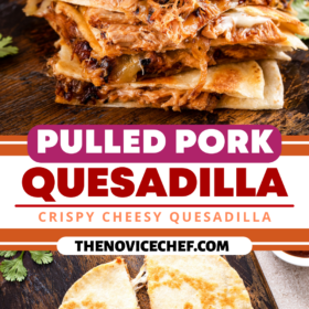 Pulled pork quesadilla cut into triangles and stacked on top of each other.