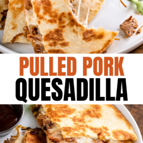 Pulled pork quesadilla on a plate and a hand pulling them apart.