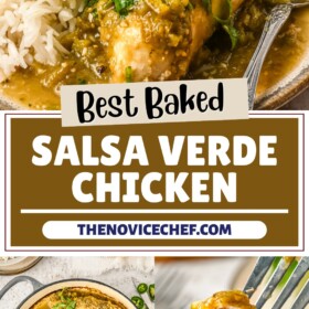 Salsa verde chicken in a skillet with a bite on a fork.