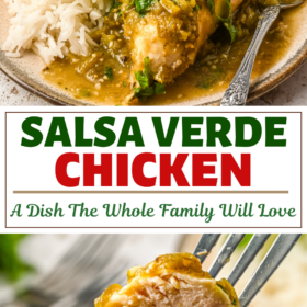 A plate of salsa verde chicken with fresh cilantro on top and a bite of chicken on a fork.