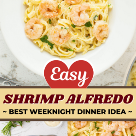 A pan filled with shrimp alfredo and a plate of pasta with shrimp on top.