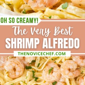Shrimp on top of fettuccini alfredo with fresh herbs.