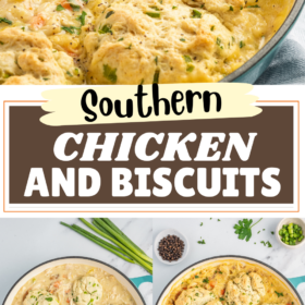 Chicken and biscuits in a skillet and a spoon scooping up a serving.