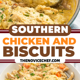 A spoon scooping up a serving of chicken and biscuits.