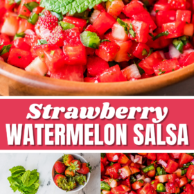 Strawberry watermelon salsa in a bowl and ingredients for the salsa in bowls.