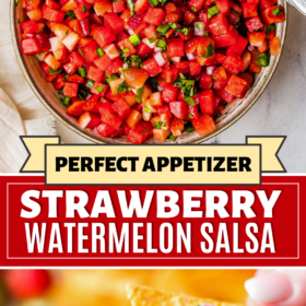 A bowl of watermelon salsa with a spoon and salsa on a tortilla chip.