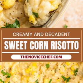 A spoonful of corn risotto and risotto with fresh herbs on top.
