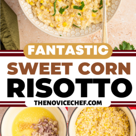 Corn risotto being made in a dutch oven and a bowl of corn risotto with a spoon in it.