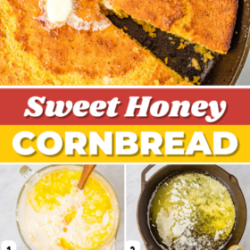 Cornbread cut into slices and cornbread being made in a cast iron skillet.