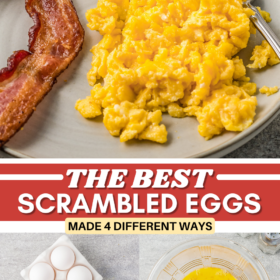 Scrambled eggs on a plate with a fork and ingredients to make eggs in bowls.