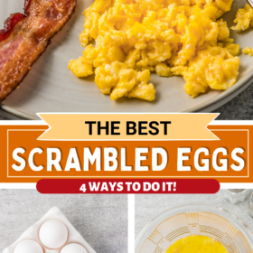 Ingredients in white bowls, eggs being beaten with a fork in a bowl and scrambled eggs on a plate with bacon.
