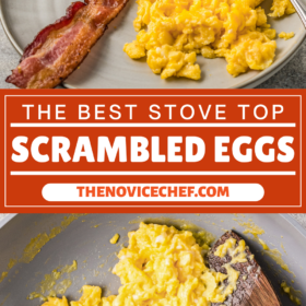 Scrambled eggs on a plate with toast and bacon and in a skillet with a wooden spoon.