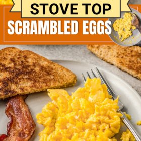 Scrambled eggs on a plate with a fork, bacon and a piece of toast.