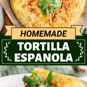 A whole tortilla espanola sliced into pieces and a slice on a plate.