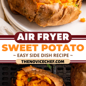 Sweet potato in an air fryer basket and on a plate.