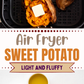 Three sweet potatoes in an air fryer basket and a sweet potato, salt and pepper on a countertop.