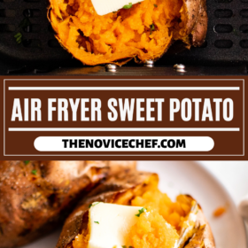 Sweet potato in an air fryer and a sweet potato on a plate with butter inside.