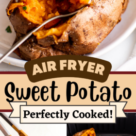 Sweet potato with butter on a plate, a sweet potato being lifted out of an air fryer and 3 sweet potatoes in an air fryer basket.