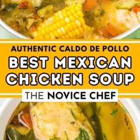 The best Mexican chicken soup is presented in a white bowl.