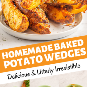 Potatoes, herbs, oil and seasonings being tossed together in a bowl and a plate with potato wedges on it.