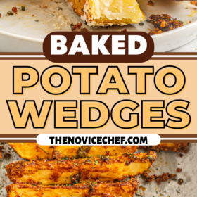 Potato wedges on a plate with a bite out of one and a cookie sheet lined with parchment paper with baked potato wedges with herbs.