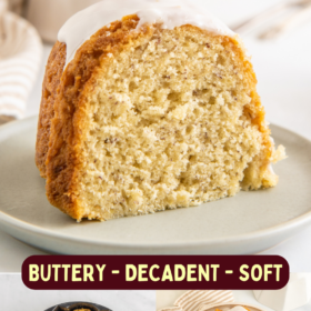 A slice of banana bundt cake and a bundt cake in the pan and on a platter with icing on top.