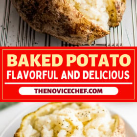 Baked potatoes on a cooling rack and on a plate sliced and fluffed with butter inside.