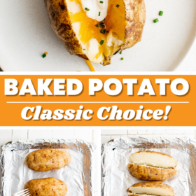 Baked potatoes on a baking sheet line with foil, sliced in half and filled with cheese, sour cream and chives.