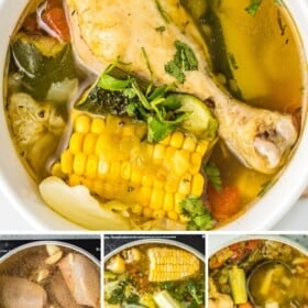 Caldo de pollo is made in a large dutch oven and served in a white bowl with fresh herbs.