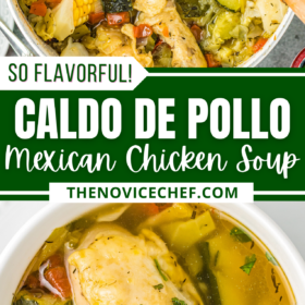 A pot of soup with a ladle scooping out a serving and a bowl of caldo de pollo with fresh cilantro on top.