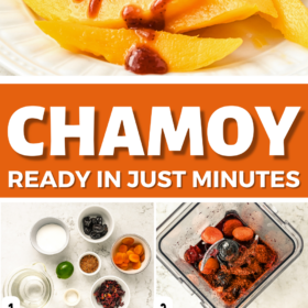 Chamoy ingredients, being made in a blender and a bowl of sauce.