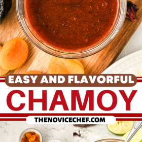 Ingredients arranged in bowls and a bowl of chamoy with a spoon.
