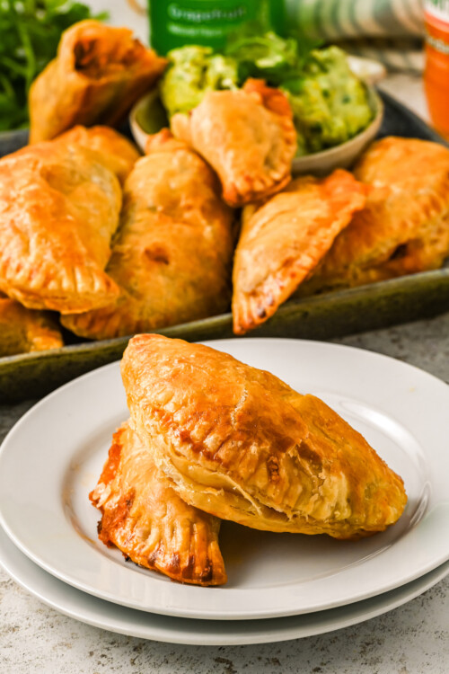 Two homemade chicken empanadas on a plate.