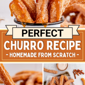 Churros in a cup, being dipped in caramel sauce and on a tray.