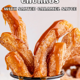Churros in a cup drizzled with caramel sauce.