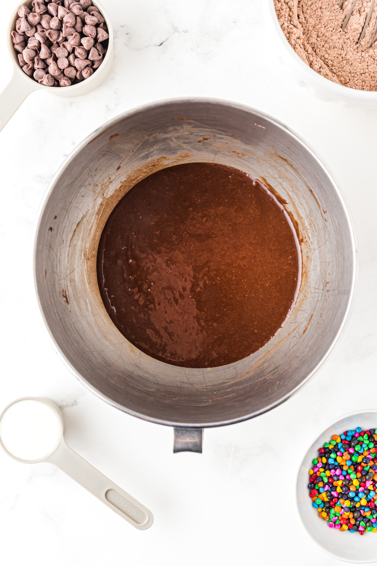 Chocolate batter in a mixing bowl.