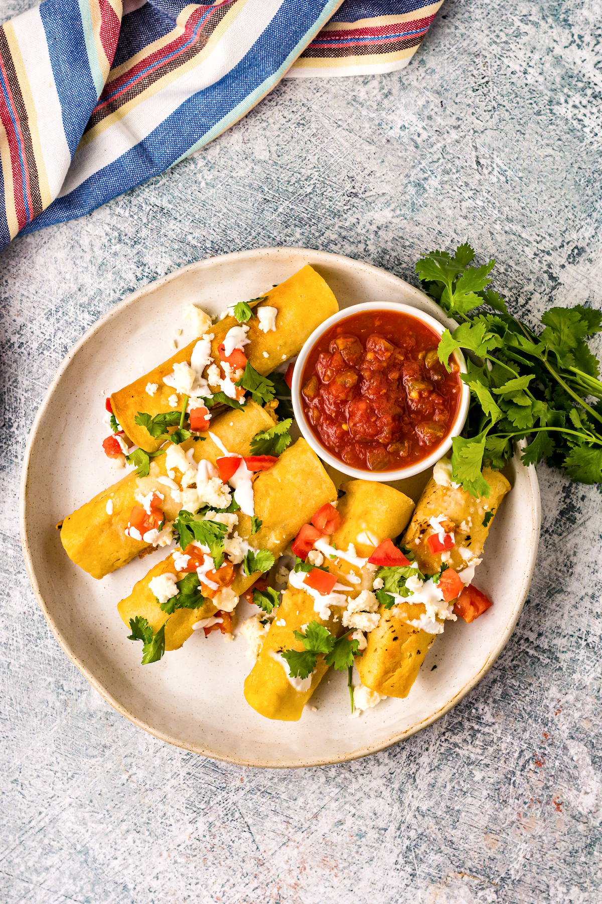 Overhead of homemade taquitos.