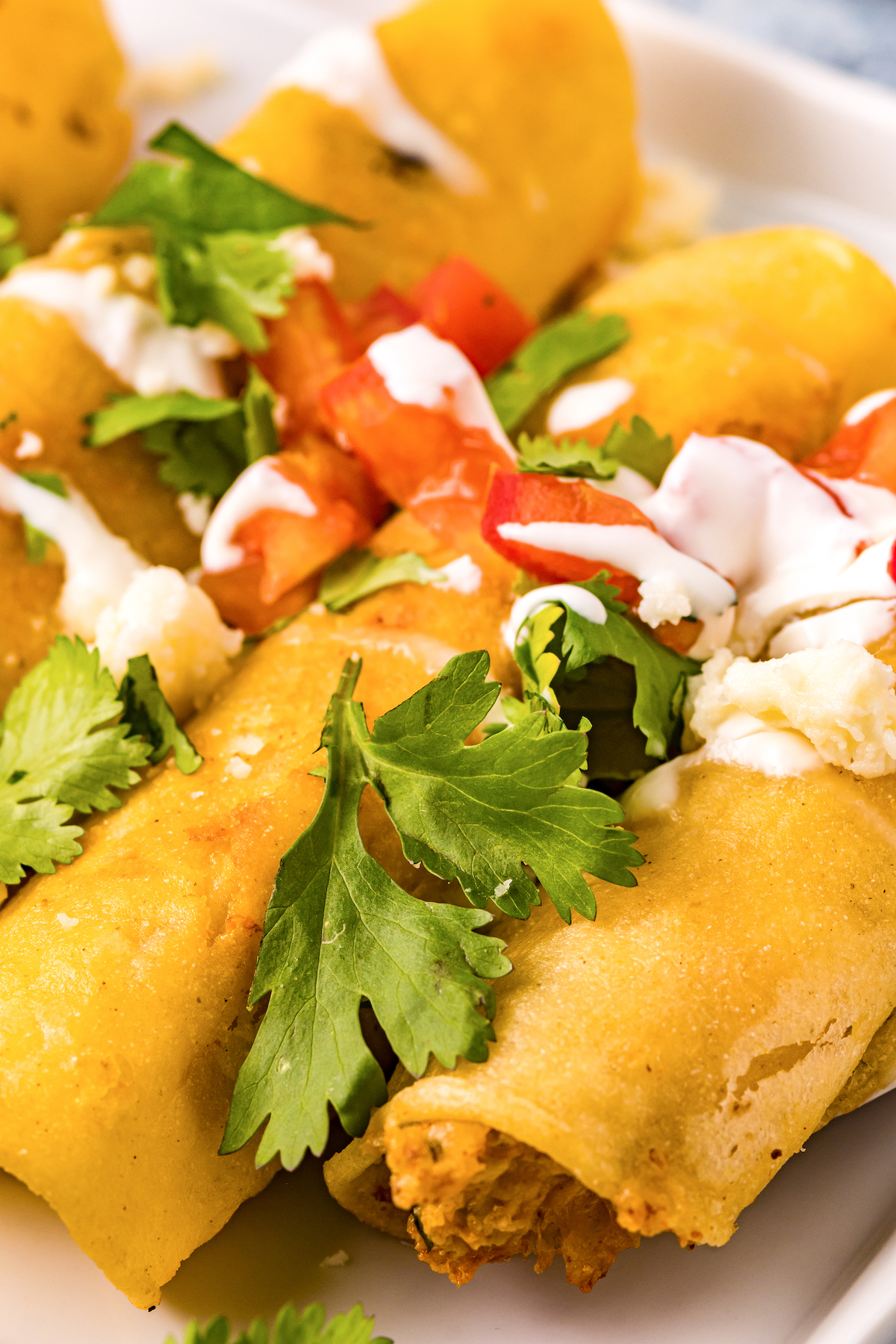 Close-up of homemade taquitos with toppings.