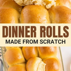 A dinner roll stacked on top of other rolls and dinner rolls in a baking dish.