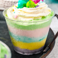 A pastel layered Jello parfait topped with Easter candy.