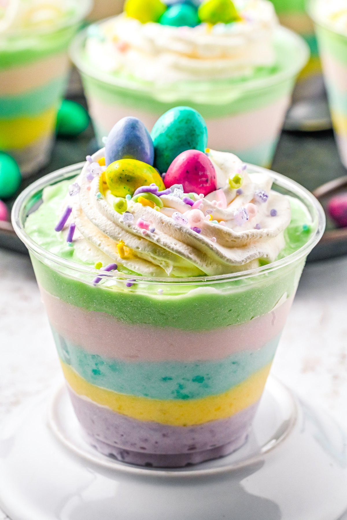 Layered Jello parfaits with Easter decorations.