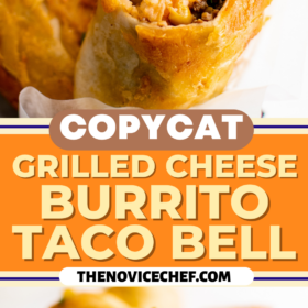 Grilled cheese burrito in a basket lined with parchment paper and sliced in half to show the inside.