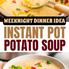 A bowl of potato soup and potato soup in an instant pot with a ladle in it.