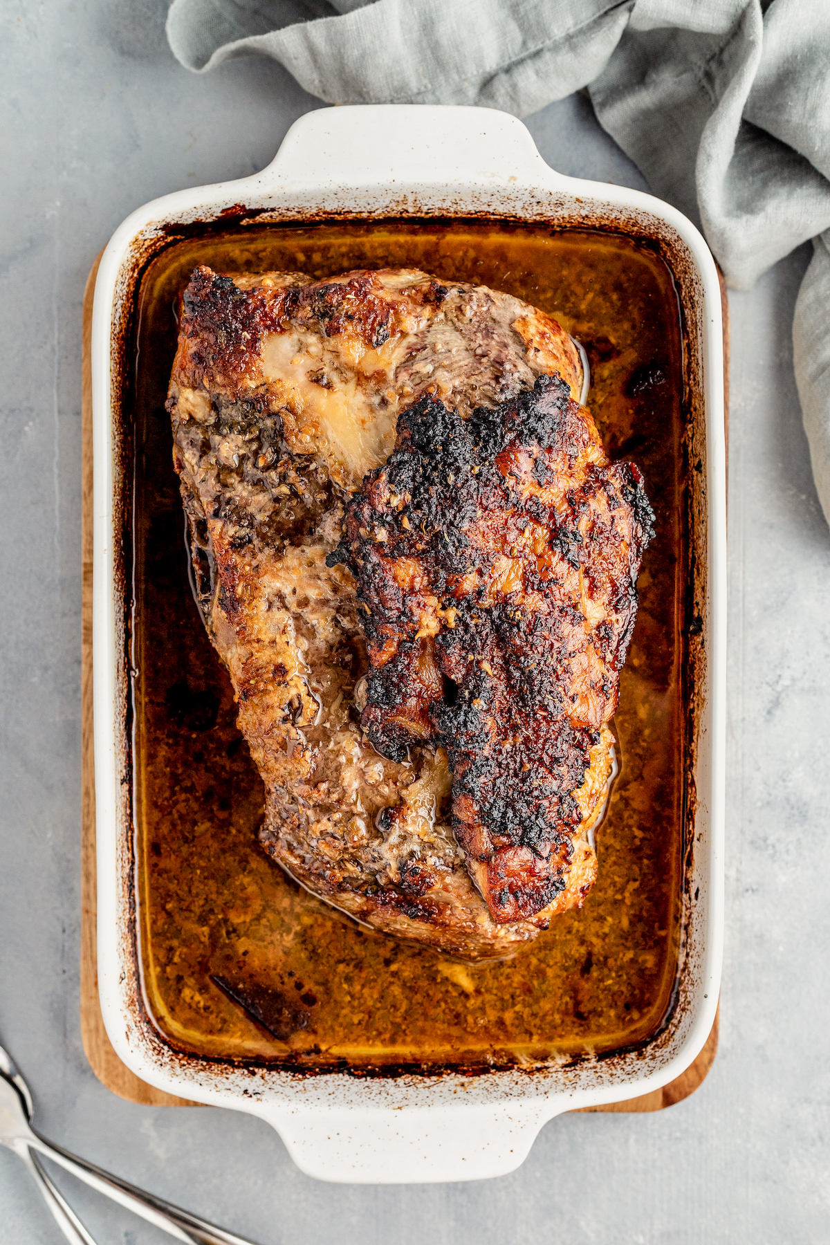Roasted pork in the baking dish.