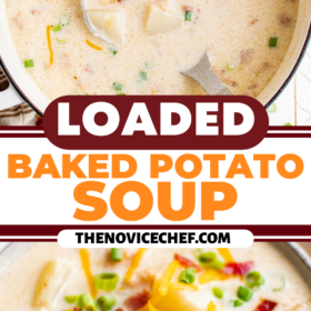 A pot of potato soup and a bowl of potato soup with cheese, bacon and green onions on top.