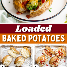 Baked potatoes sliced in half and being filled with toppings and a loaded baked potato on a plate.